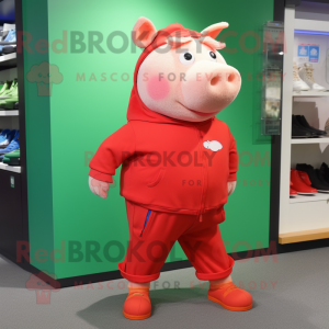 Red Sow mascot costume character dressed with a Romper and Shoe clips