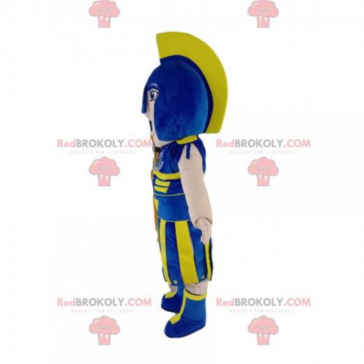 Mascote do soldado romano com capacete azul e amarelo -