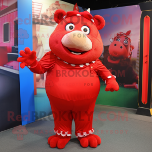 Red Sow mascot costume character dressed with a Romper and Shoe clips