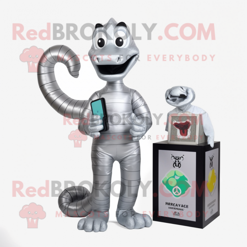 Silver Hydra mascot costume character dressed with a Playsuit and Wallets Silver Hydra mascot costume character dressed with a Playsuit and Wallets
