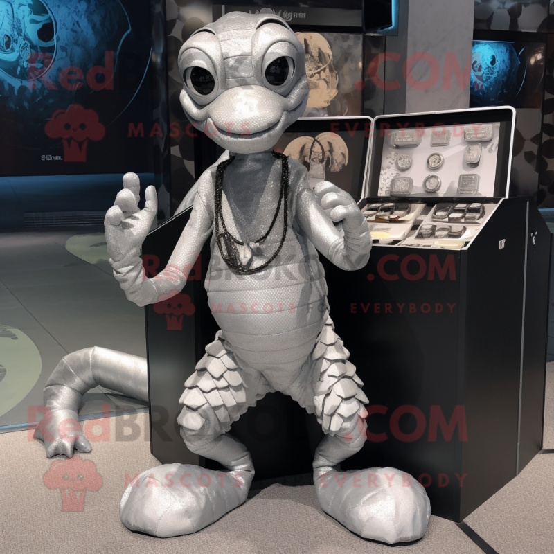 Silver Hydra mascot costume character dressed with a Playsuit and Wallets Silver Hydra mascot costume character dressed with a Playsuit and Wallets