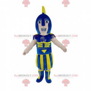 Roman soldier mascot with a blue and yellow helmet -