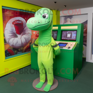 Lime Green Loch Ness Monster mascot costume character dressed with a Long Sleeve Tee and Headbands