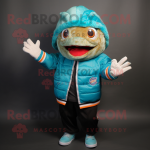 Turquoise Fish Tacos mascot costume character dressed with a Bomber Jacket and Mittens