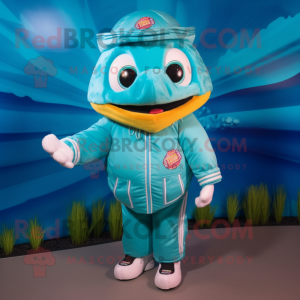 Turquoise Fish Tacos mascot costume character dressed with a Bomber Jacket and Mittens