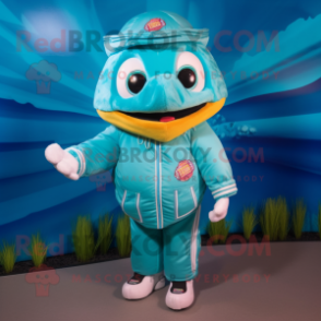Turquoise Fish Tacos mascot costume character dressed with a Bomber Jacket and Mittens