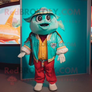Turquoise Fish Tacos mascot costume character dressed with a Bomber Jacket and Mittens