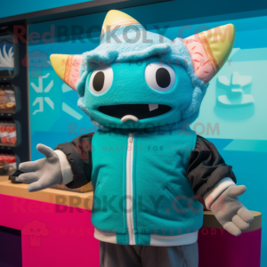 Turquoise Fish Tacos mascot costume character dressed with a Bomber Jacket and Mittens