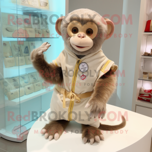 Beige Capuchin Monkey mascot costume character dressed with a Romper and Coin purses