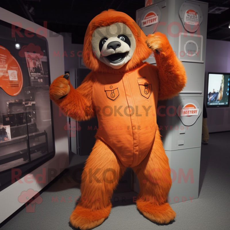 Orange Giant Sloth mascot costume character dressed with a Trousers and Beanies Orange Giant Sloth mascot costume character dressed with a Trousers and Beanies
