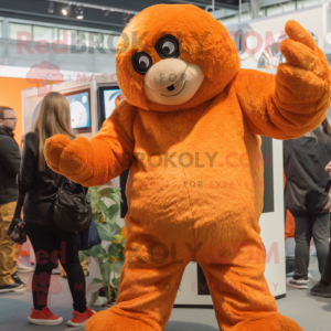 Orange Giant Sloth mascot costume character dressed with a Trousers and Beanies