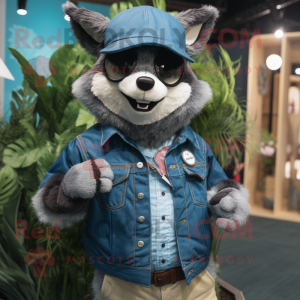 Teal Raccoon mascot costume character dressed with a Denim Shirt and Brooches