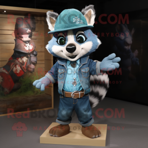 Teal Raccoon mascot costume character dressed with a Denim Shirt and Brooches