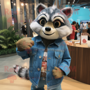 Teal Raccoon mascot costume character dressed with a Denim Shirt and Brooches