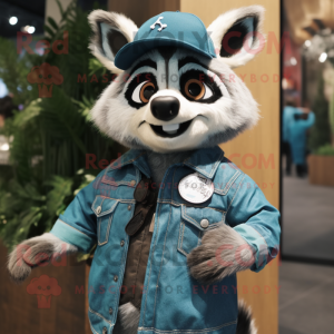 Teal Raccoon mascot costume character dressed with a Denim Shirt and Brooches