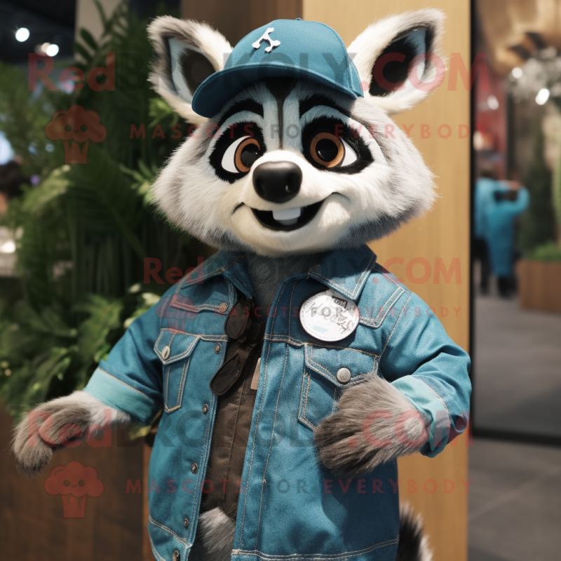 Teal Raccoon mascot costume character dressed with a Denim Shirt and Brooches Teal Raccoon mascot costume character dressed with a Denim Shirt and Brooches