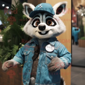 Teal Raccoon mascot costume character dressed with a Denim Shirt and Brooches