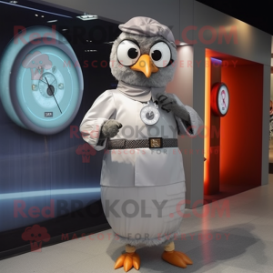 Silver Mandarin mascot costume character dressed with a Sheath Dress and Digital watches