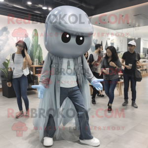 Silver Jellyfish mascot costume character dressed with a Mom Jeans and Pocket squares