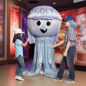 Silver Jellyfish mascot costume character dressed with a Mom Jeans and Pocket squares