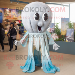 Silver Jellyfish mascot costume character dressed with a Mom Jeans and Pocket squares