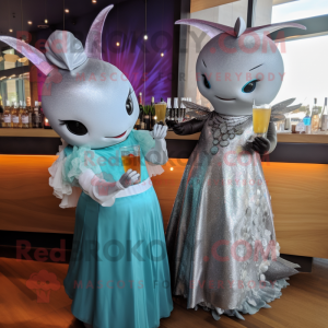 Silver Narwhal mascot costume character dressed with a Cocktail Dress and Cummerbunds