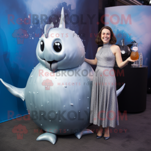 Silver Narwhal mascot costume character dressed with a Cocktail Dress and Cummerbunds