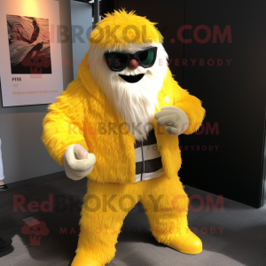 Yellow Yeti mascot costume character dressed with a Blazer and Sunglasses
