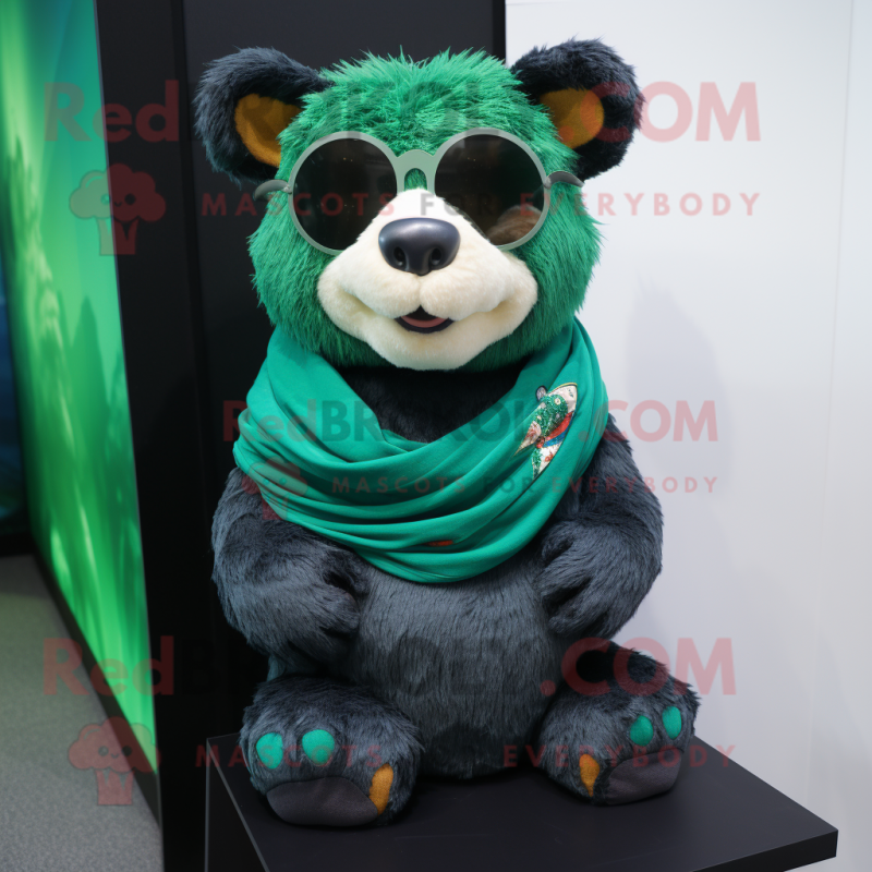 Green Spectacled Bear mascot costume character dressed with a V-Neck Tee and Scarves