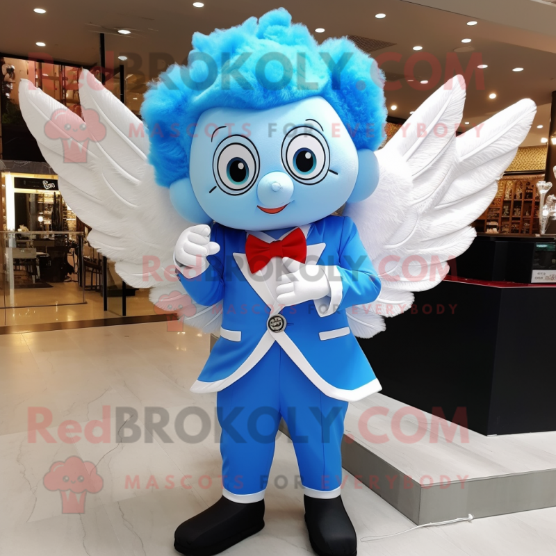 Sky Blue Cupid mascot costume character dressed with a Tuxedo and Keychains Sky Blue Cupid mascot costume character dressed with a Tuxedo and Keychains