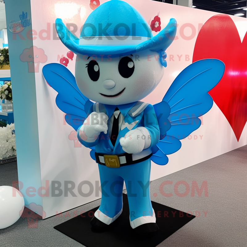 Sky Blue Cupid mascot costume character dressed with a Tuxedo and Keychains Sky Blue Cupid mascot costume character dressed with a Tuxedo and Keychains