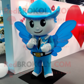 Sky Blue Cupid mascot costume character dressed with a Tuxedo and Keychains