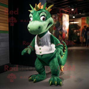 Green Dragon mascot costume character dressed with a Henley Shirt and Shoe laces
