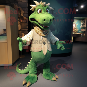 Green Dragon mascot costume character dressed with a Henley Shirt and Shoe laces