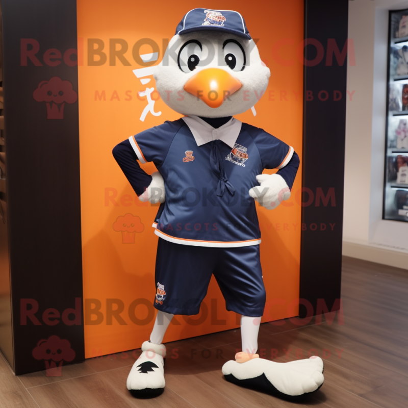 Navy Mandarin mascot costume character dressed with a Running Shorts and Tie pins Navy Mandarin mascot costume character dressed with a Running Shorts and Tie pins