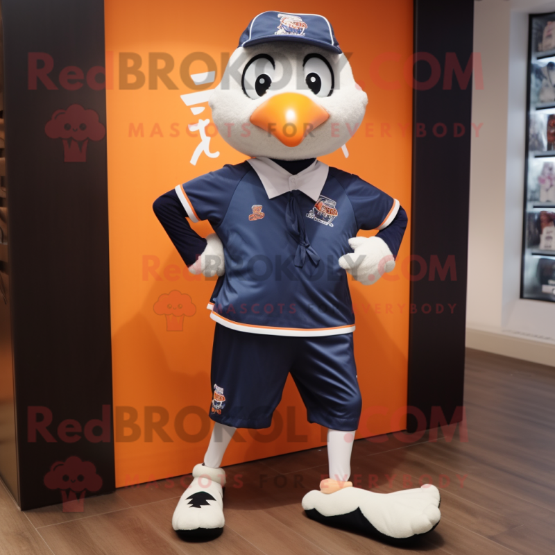 Navy Mandarin mascot costume character dressed with a Running Shorts and Tie pins