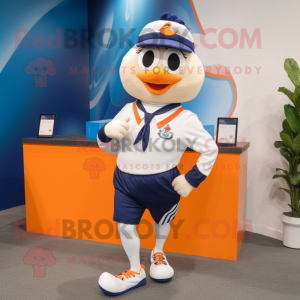 Navy Mandarin mascot costume character dressed with a Running Shorts and Tie pins