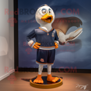 Navy Mandarin mascot costume character dressed with a Running Shorts and Tie pins