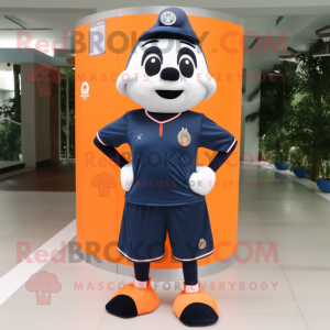 Navy Mandarin mascot costume character dressed with a Running Shorts and Tie pins