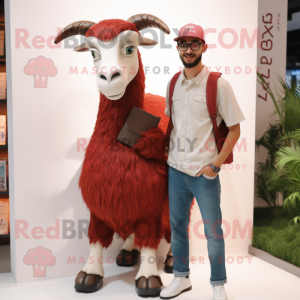 Maroon Goat mascot costume character dressed with a Boyfriend Jeans and Eyeglasses