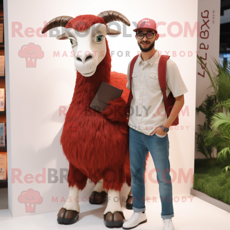 Maroon Goat mascot costume character dressed with a Boyfriend Jeans and Eyeglasses Maroon Goat mascot costume character dressed with a Boyfriend Jeans and Eyeglasses