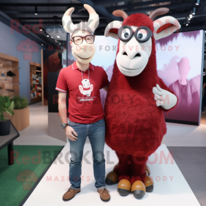 Maroon Goat mascot costume character dressed with a Boyfriend Jeans and Eyeglasses