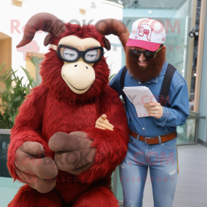 Maroon Goat mascot costume character dressed with a Boyfriend Jeans and Eyeglasses