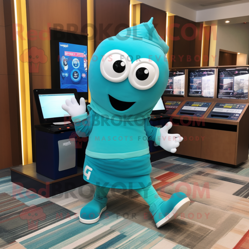 Turquoise Television mascot costume character dressed with a Running Shorts and Tote bags