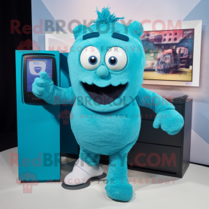 Turquoise Television mascot costume character dressed with a Running Shorts and Tote bags