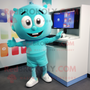 Turquoise Television mascot costume character dressed with a Running Shorts and Tote bags