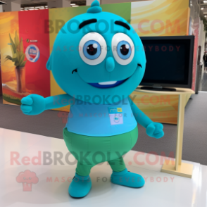 Turquoise Television mascot costume character dressed with a Running Shorts and Tote bags