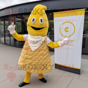 Yellow Croissant mascot costume character dressed with a Circle Skirt and Cufflinks