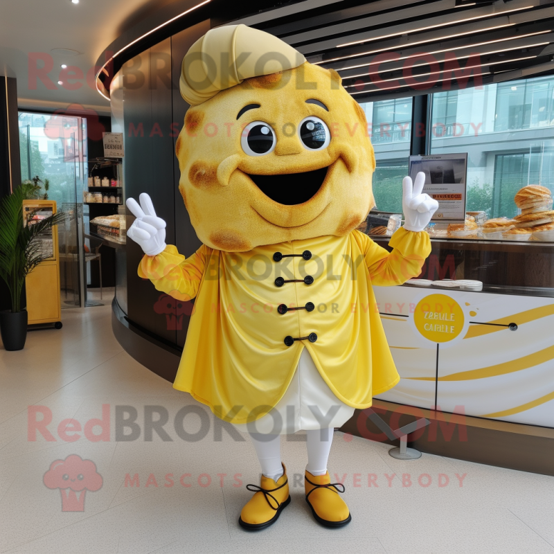 Yellow Croissant mascot costume character dressed with a Circle Skirt and Cufflinks Yellow Croissant mascot costume character dressed with a Circle Skirt and Cufflinks