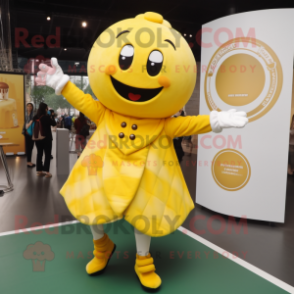 Yellow Croissant mascot costume character dressed with a Circle Skirt and Cufflinks